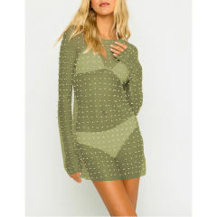 Green Sheer Rhinestone Mesh Long Sleeve Beach Cover TQK311544-9