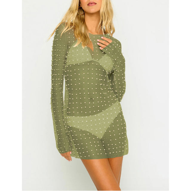 Green Sheer Rhinestone Mesh Long Sleeve Beach Cover TQK311544-9