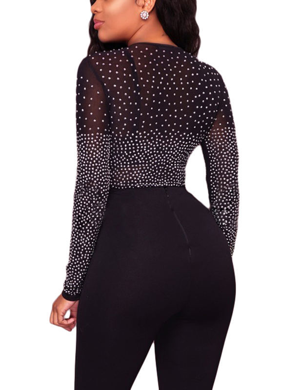Black Sexy Rhinestone See Through Mesh Bodysuit LC32165-2