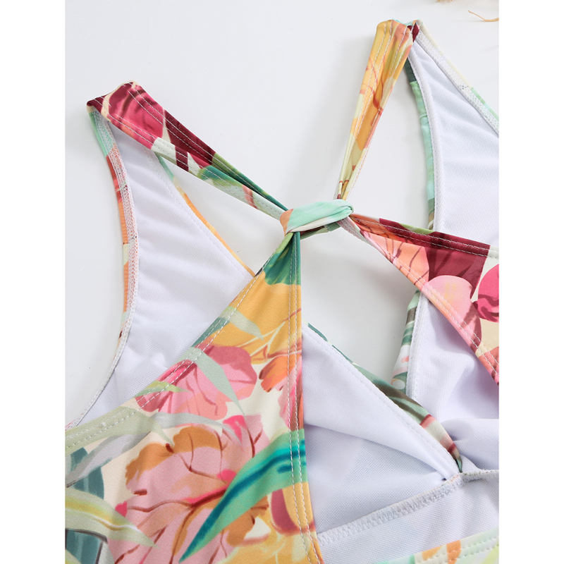 Orange Cross Back Print One-piece Swimsuit With Skirt Set TQX610038-7