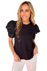 Black Ribbed Puff Short Sleeve Top LC25220164-2