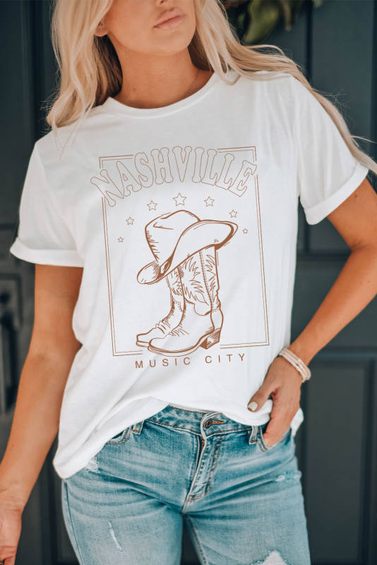 White NASHVILLE Graphic Short Sleeve Round Neck Tee LC25221207-1