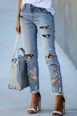 Sky Blue Printed Patch Ripped Skinny Jeans LC7871217-704