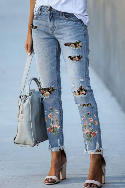 Sky Blue Printed Patch Ripped Skinny Jeans LC7871217-704