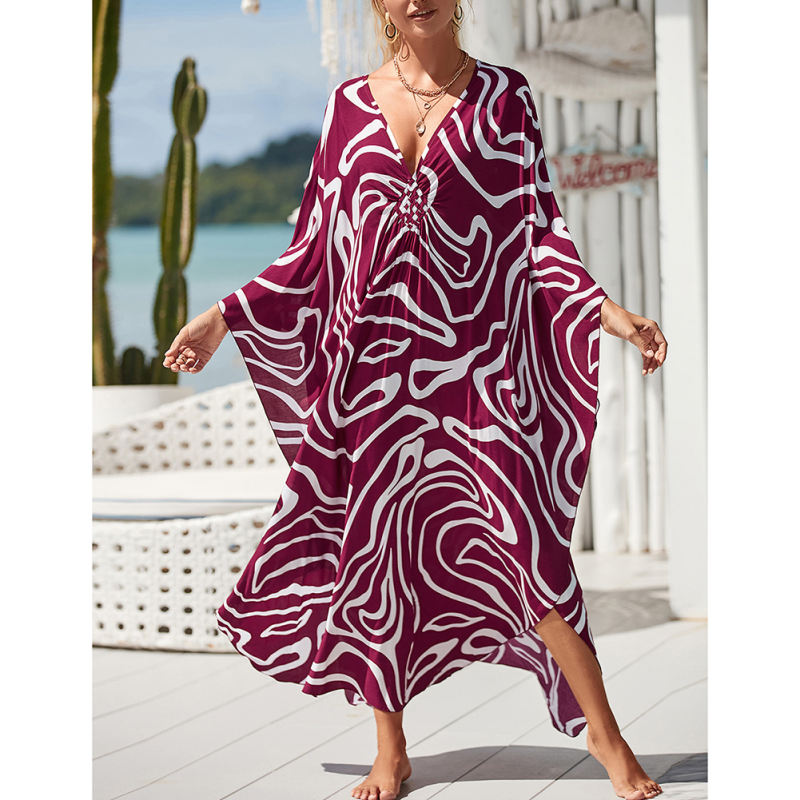 Purplish Red Print Long Kinimo Beachwear TQL310062-32