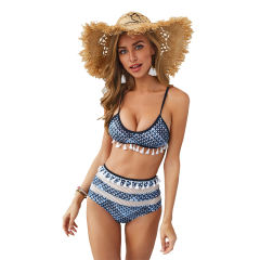 Light Blue Pom Pom Mesh Insert Fringe Bikini
