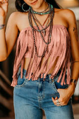Pink Tassel Drawstring Bandeau Crop Tank Top LC2567900-10