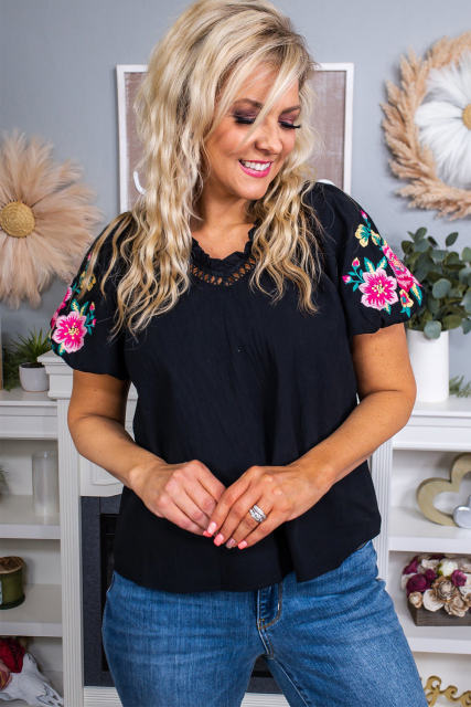 Black Floral Embroidered Bubble Sleeve Frill V Neck Top LC25120903-2