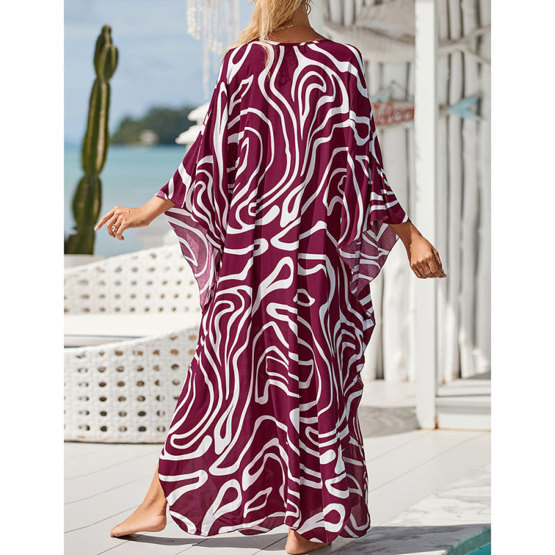 Purplish Red Print Long Kinimo Beachwear TQL310062-32