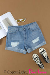 Blank Apparel - Distressed Ripped Rolled Hem Sky Blue Denim Shorts