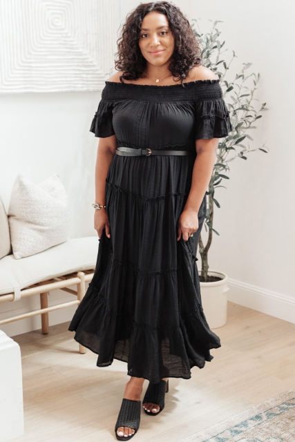 Black Plus Size Smocked Off Shoulder Frill Tiered Maxi Dress PL61518-2