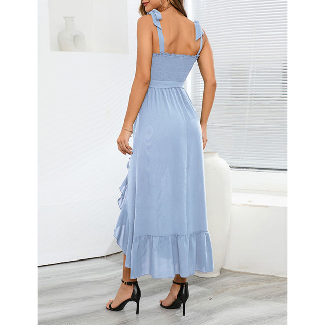 Light Blue Bow Knot Straps Irregular Slit Maxi Dress TQK311559-30
