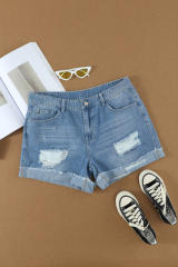 Blank Apparel - Distressed Ripped Rolled Hem Sky Blue Denim Shorts