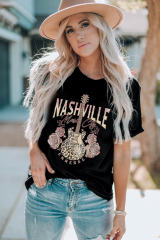 Black Nashville Leopard Guitar Rose Print Short Sleeve T Shirt  LC25220742-2