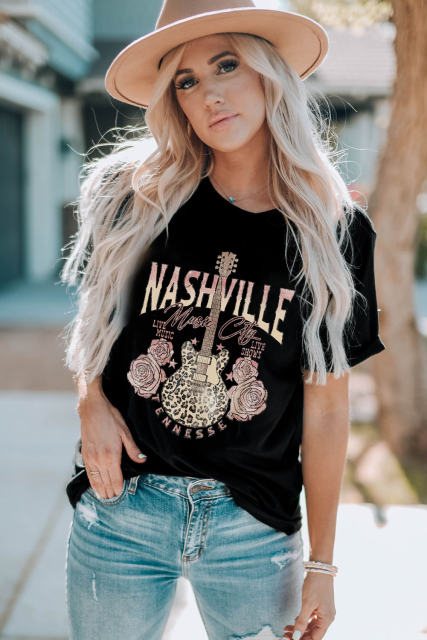 Black Nashville Leopard Guitar Rose Print Short Sleeve T Shirt  LC25220742-2