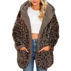Leopard Print Open Front Plush Hooded Long Coat TQK280238-20