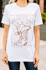 White NASHVILLE Graphic Short Sleeve Round Neck Tee LC25221207-1