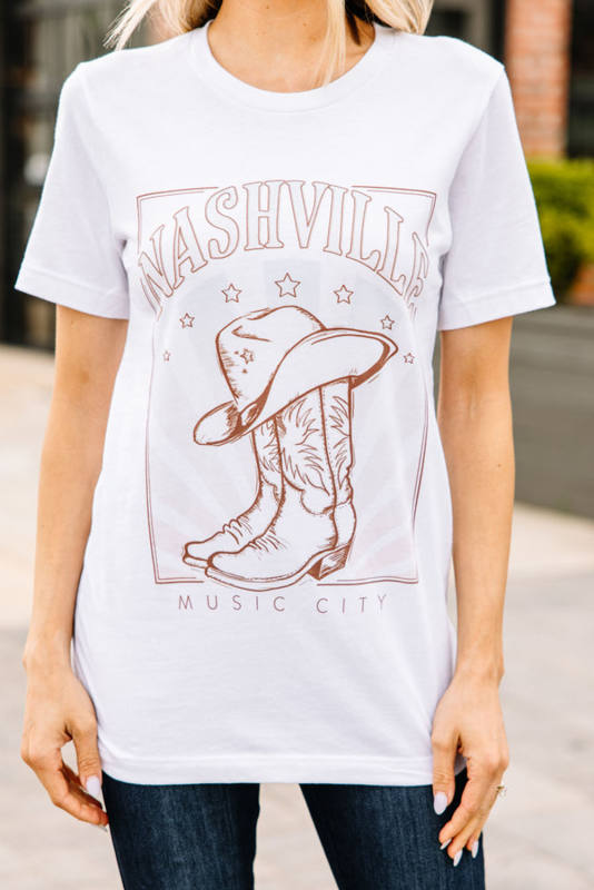 White NASHVILLE Graphic Short Sleeve Round Neck Tee LC25221207-1