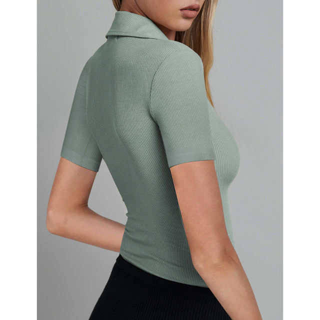 Light Green Ribbed Deep V Neck Short Sleeve Bodysuit TQL550085-28
