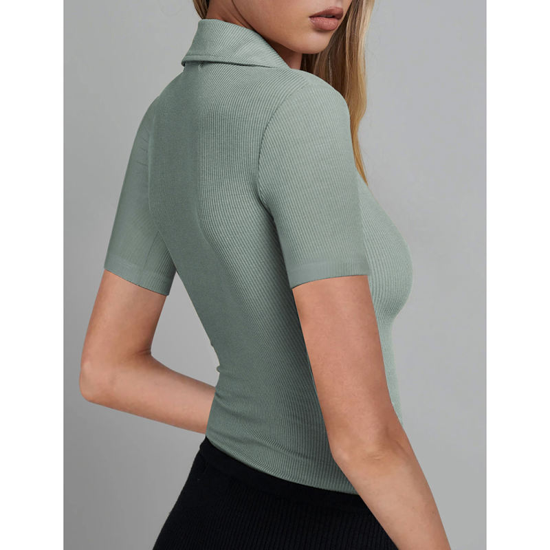 Light Green Ribbed Deep V Neck Short Sleeve Bodysuit TQL550085-28
