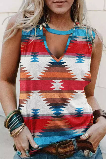 Red Aztec Geometric Print Hollowed Neckline Tank Top LC2568834-3