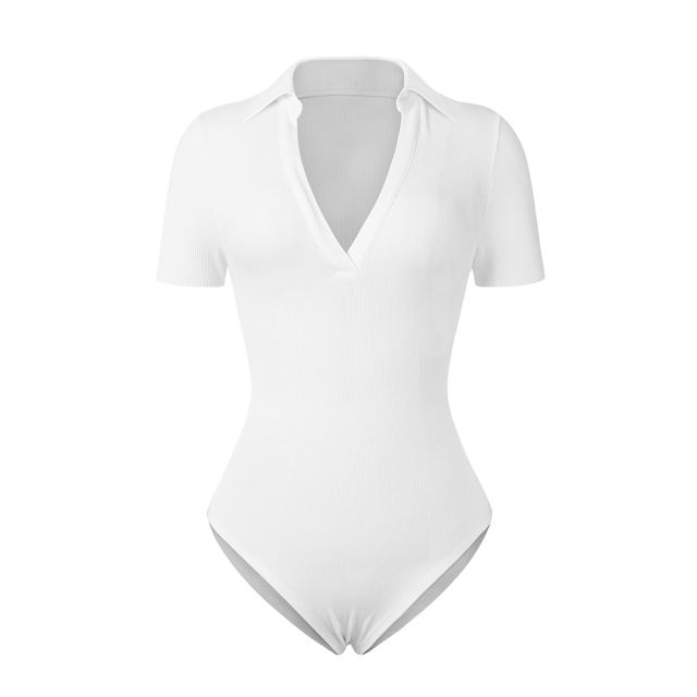 White Ribbed Deep V Neck Short Sleeve Bodysuit TQL550085-1