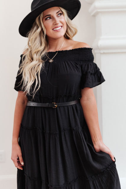 Black Plus Size Smocked Off Shoulder Frill Tiered Maxi Dress PL61518-2