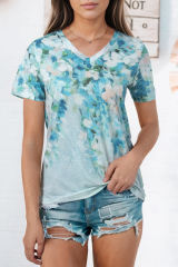 Green Floral Print Shift Fit V Neck T Shirt LC25220743-9