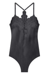 Black Lace Neckline Sleeveless Satin Bodysuit LC6421316-2