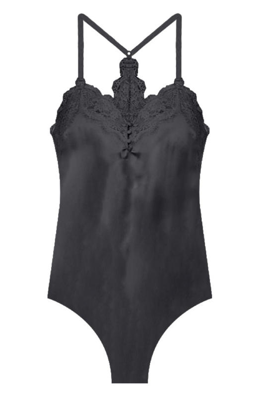 Black Lace Neckline Sleeveless Satin Bodysuit LC6421316-2