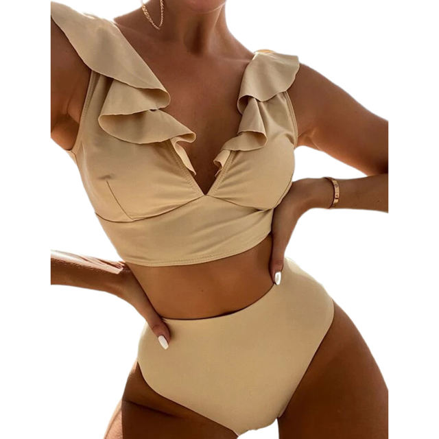Apricot k Ruffle Sleevelss Drawstring Bikinis Set TQX610040-18