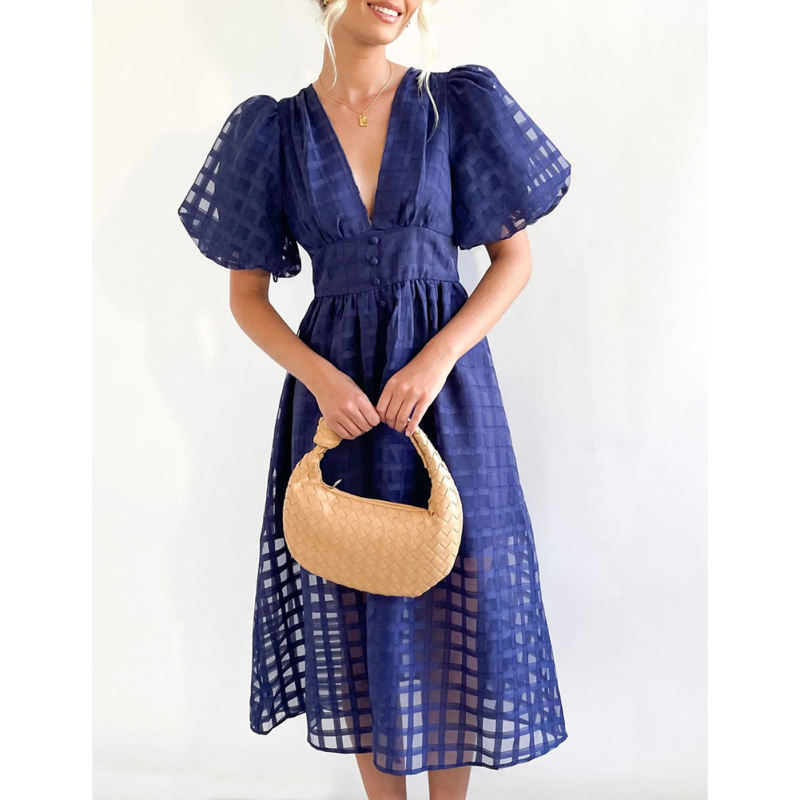 Navy Blue V Neck Puff Sleeve Casual Party Dress TQG310045-34