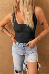 Black Mesh Patch V Neck Ribbed Knit Tank Top LC2567985-2