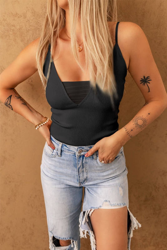 Black Mesh Patch V Neck Ribbed Knit Tank Top LC2567985-2