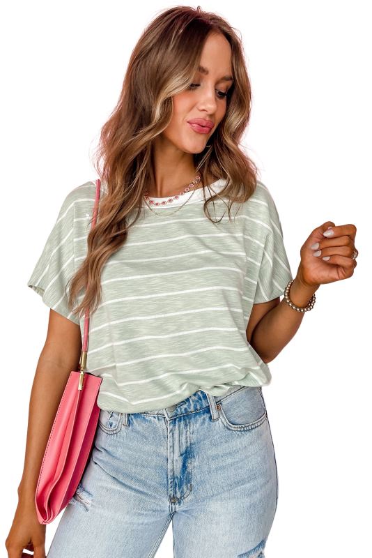 Green Stripe Short Sleeve Round Neck T-Shirt LC25221021-9