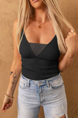 Black Mesh Patch V Neck Ribbed Knit Tank Top LC2567985-2