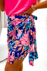 Blue Floral Print Lace-up High Waist Bodycon Mini Skirt LC721370-5