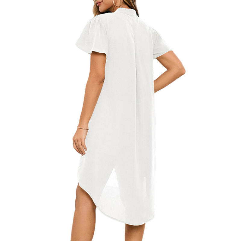 White Ruffle Button V Neck High Low Shirt Dress TQG310047-1