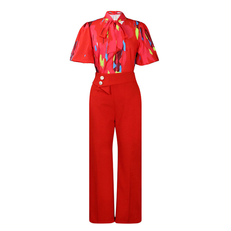 Orange Red Floral Blouse with Wide Leg Pants Set TQG710004-55