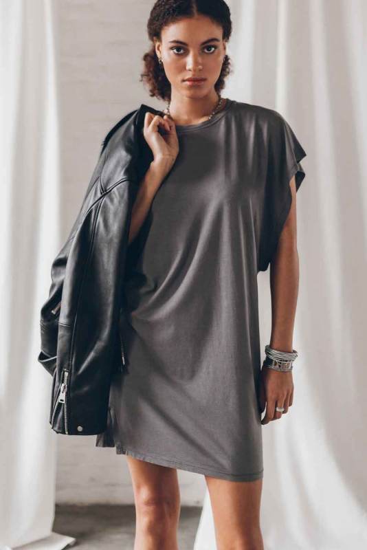 Gray Bat Sleeve T-shirt Dress with Slits LC6116003-11