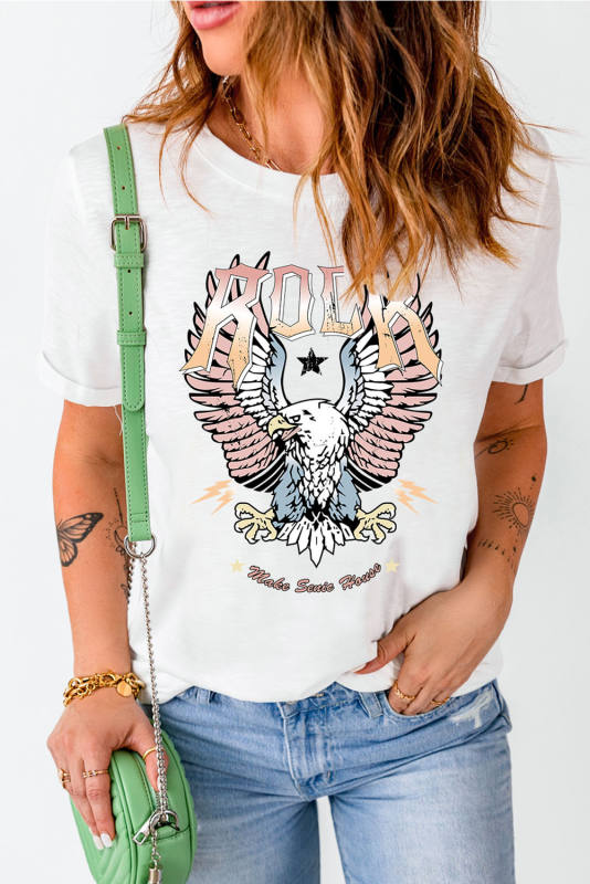 White ROCK &amp; Eagle Graphic Round Neck Tee  LC25221210-1