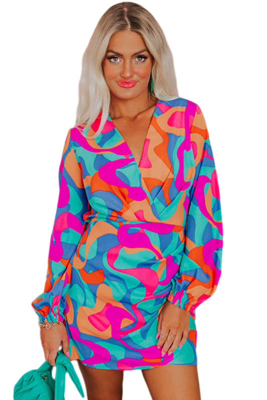 Multicolor Abstract Print Wrap V Neck Puff Sleeve Dress LC6116212-22