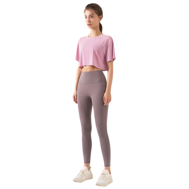 Pink Loose Crop Top and Gray High Waist Yoga Pants Set TQE71335-5-8