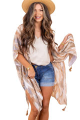 Beige Abstract Print Short Sleeve Open Front Kimono LC2541825-15