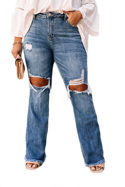 Blue Plus Size Open Knee Distressed Jeans PL787102-5