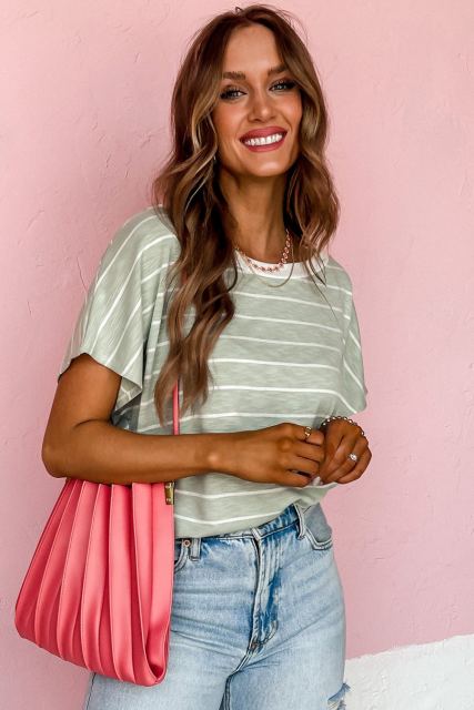 Green Stripe Short Sleeve Round Neck T-Shirt LC25221021-9