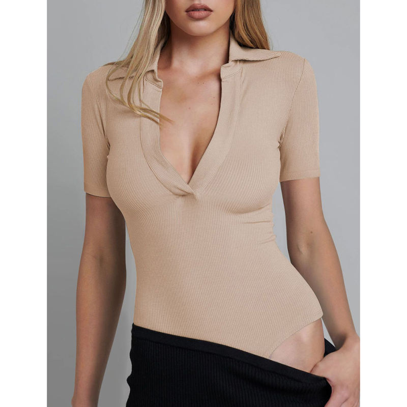 Khaki Ribbed Deep V Neck Short Sleeve Bodysuit TQL550085-21