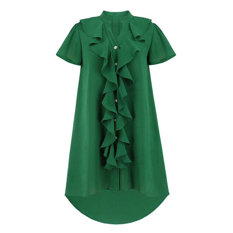 Green Ruffle Button V Neck High Low Shirt Dress TQG310047-9
