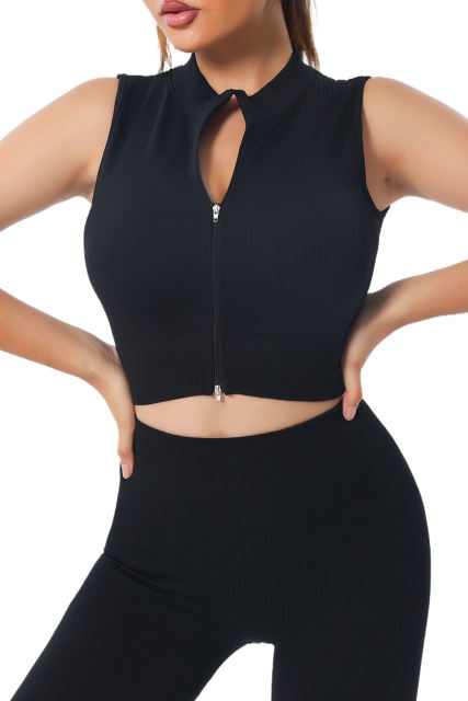 black Solid Color Zip up Sleeveless Active Crop Top LC264376-2