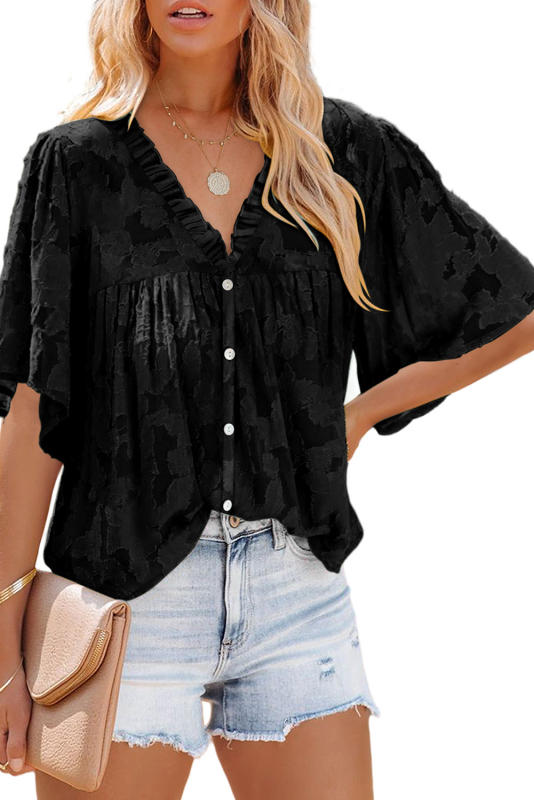 Black Floral Textured V Neck Buttoned Blouse LC25114606-2